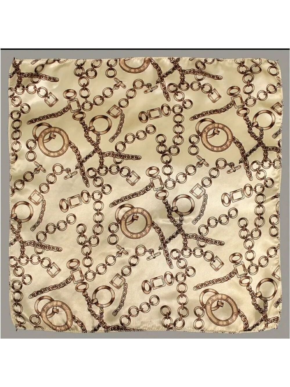 Vintage Style Chain Print Square Scarf Beige and Brown Elegant Satin Neckerchief